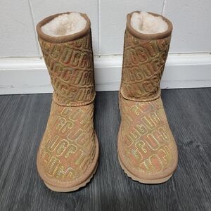 UGG Girls' Chestnut Tan Glitter Logo Classic Short Boots
